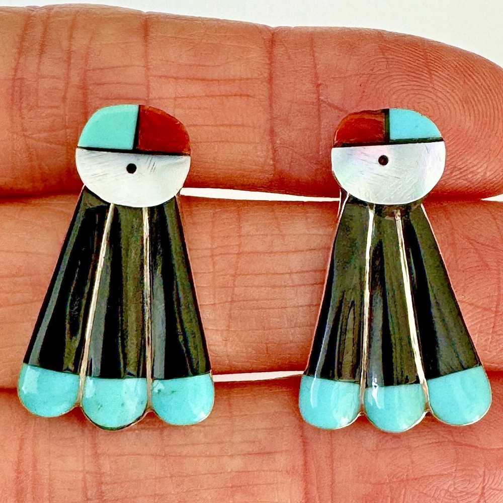Zuni Sunface Stud Earrings Turquoise Post Inlay 1" Sterling Signed Native Amer